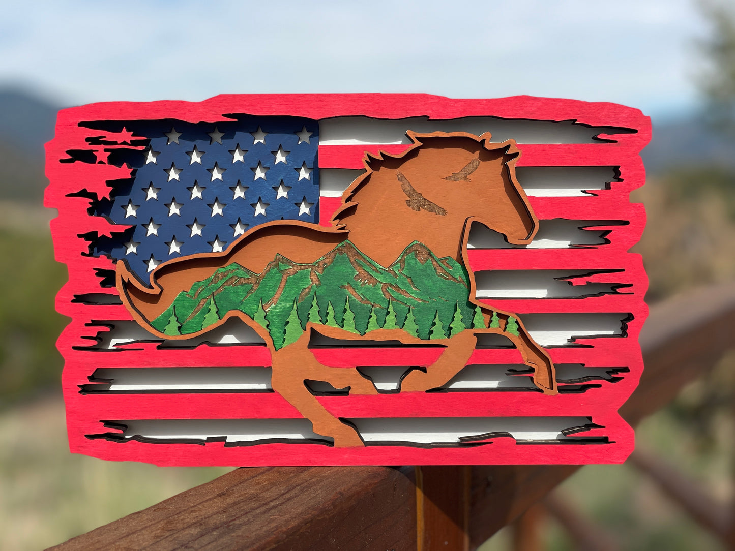 Layered U.S. Flag with Running Horse